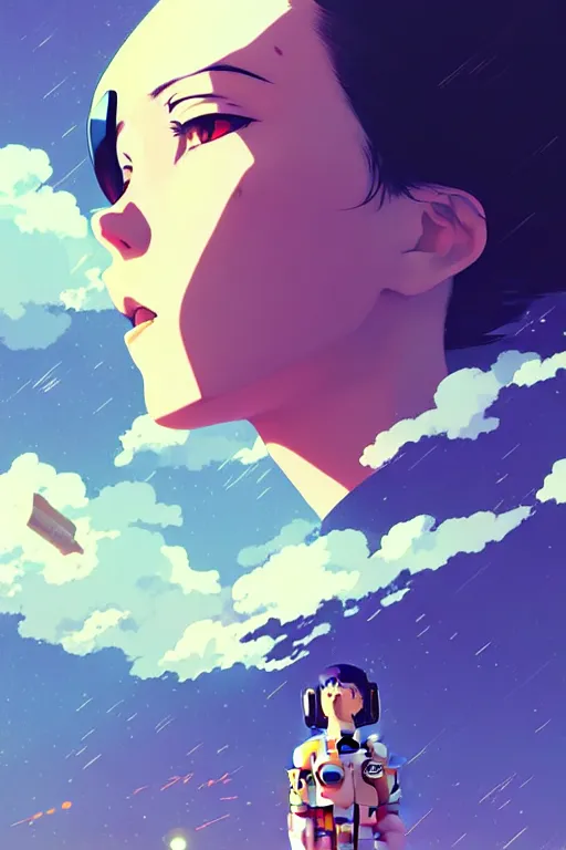 Image similar to poster of a female astronaut by ilya kuvshinov, cloudy sky background lush landscape ln illustration concept art anime key visual trending pixiv by victo ngai fanbox by greg rutkowski makoto shinkai takashi takeuchi studio ghibli