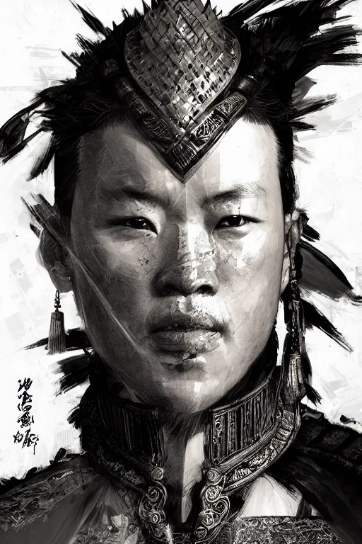 Image similar to chinese warrior, portrait, fierce, intricate, elegant, black and white volumetric lighting, scenery, digital painting, highly detailed, artstation, sharp focus, illustration, concept art, ruan jia, steve mccurry