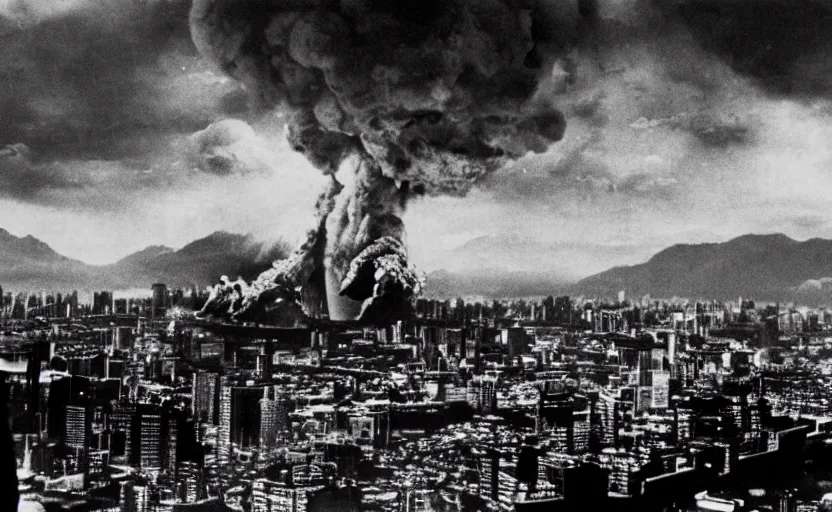 Image similar to a filmstill of Kim Jong-il, monster destroying Pyongyang, in Godzilla (1954) by Ishirō Honda, epic ultrawide shot, cinémascope