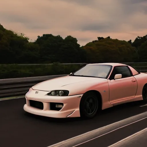 Image similar to still of a toyota supra mk4 on the road in tokyo, action shot, sunset, cgsociety, need for speed heat inspired