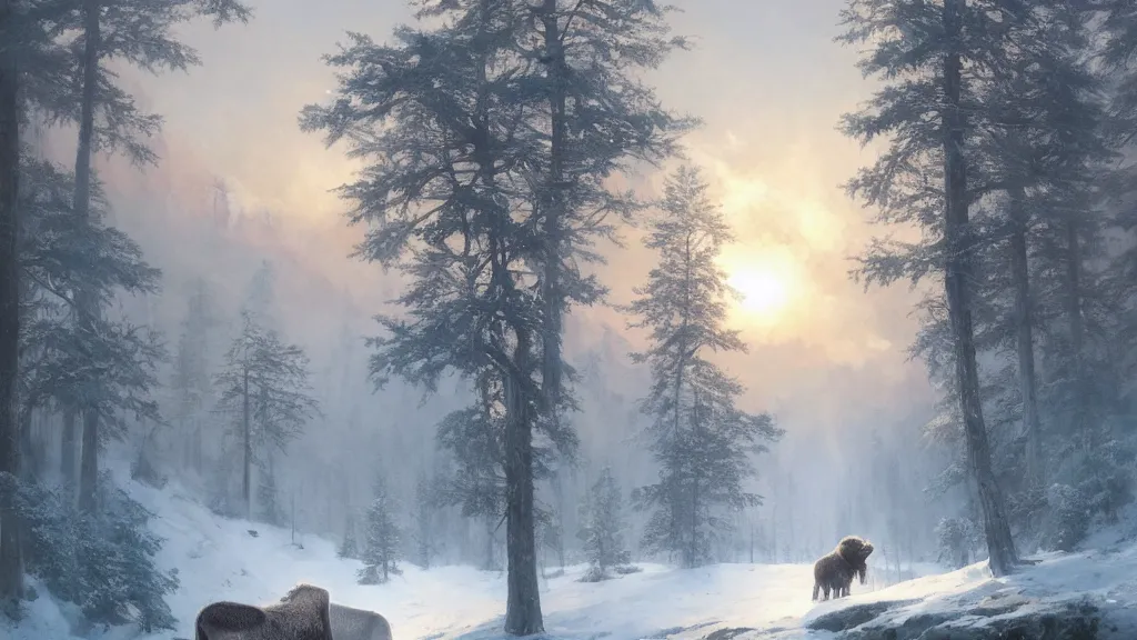 Image similar to the most beautiful panoramic landscape, oil painting, where a giant dreamy waterfall is frozen, the trees around have snow over their leafs, a majestic bison is in close - up and is exhaling steam, the ray lights of the sunrise are brightening him, by greg rutkowski