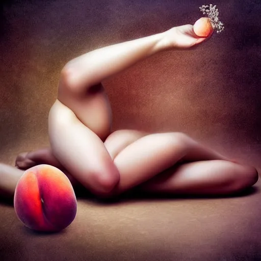 Prompt: A beautiful photograph. In the dream, she is eating a peach, on Venus. The flesh is sweet and juicy, slightly bitter. It mingles with Sydan's taste in a delicious way. by Mark Lovett evocative, elaborate