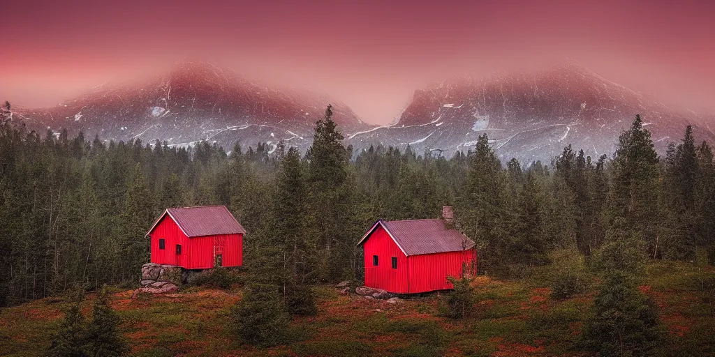 Image similar to stunning photo of landscape with an red cabin on a mountain by mikko lagerstedt