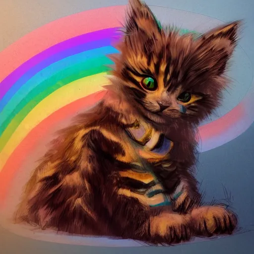 Image similar to wide angle full body, of a fluffy cute rainbow kitten wearing a black motorcycle jacket, concept art