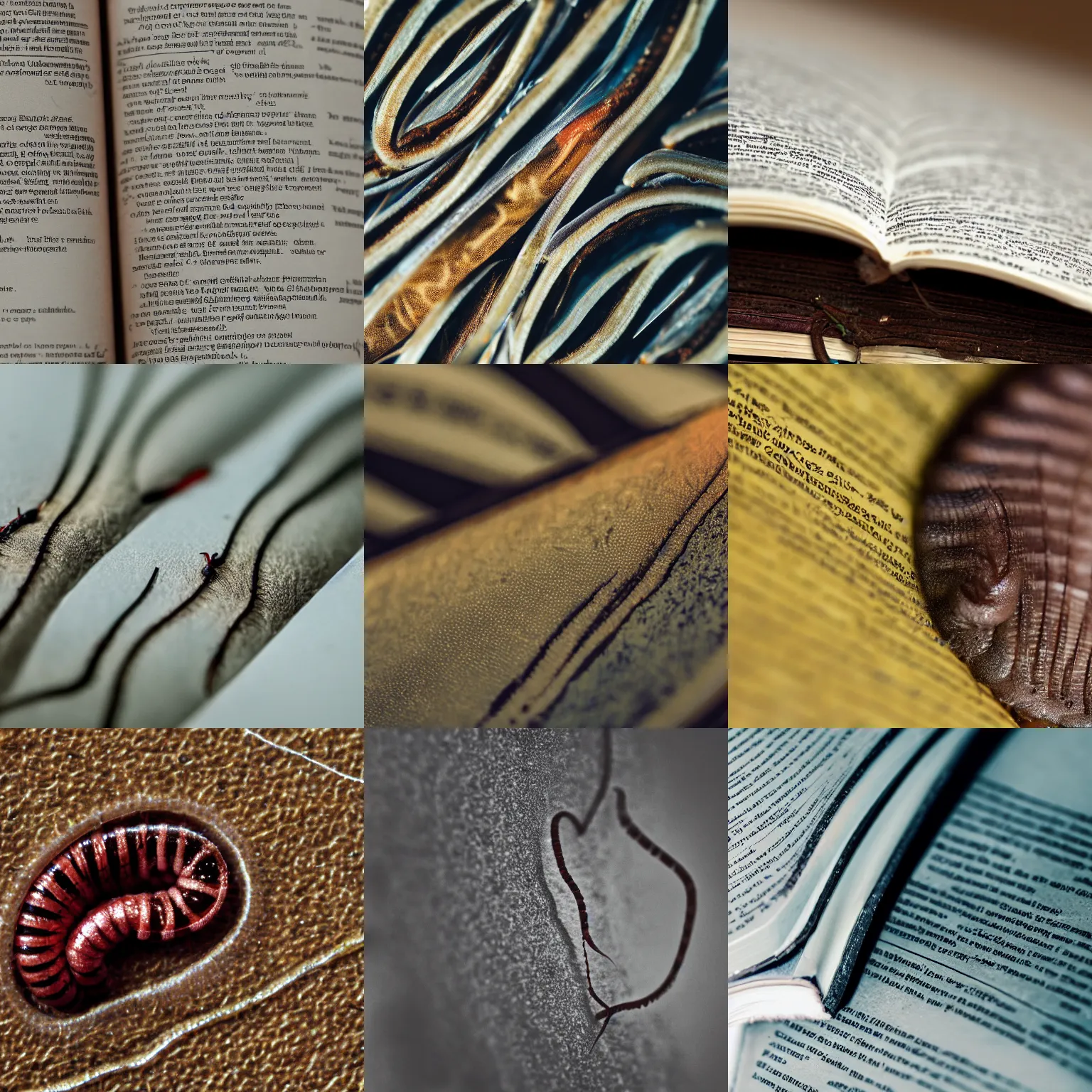 Prompt: macro photo of a worm on pages of a scientific book