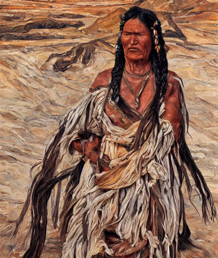 Image similar to full body shot picture of indigenous people woman leader in desert, painted by lucian freud, hd, super detailed, realistic, muted colors