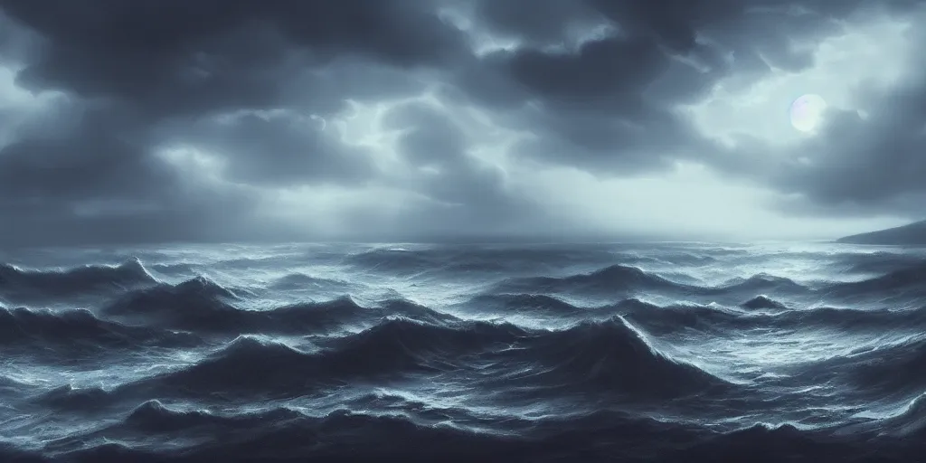 Image similar to of a creepy sea dark turbulent skies, photorealistic, by jessica rossier, 4 k resolution