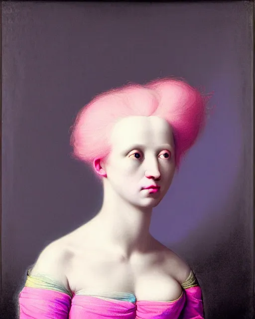Image similar to photo-realistic portrait of an albino woman with pink hair, wearing a neon blue dress by Vivienne Westwood, intricate details, masterpiece, in the style of Jean Auguste Dominique Ingres, black background