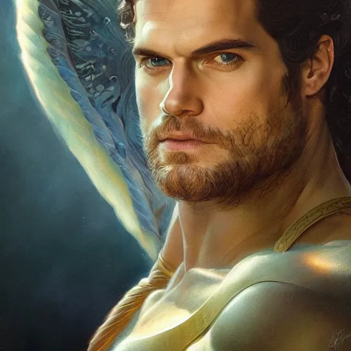 Prompt: portrait of henry cavill as a heavenly god, full body, muscular, fantasy, intricate, elegant, highly detailed, digital painting, artstation, concept art, matte painting, sharp focus, illustration, art by artgerm and greg rutkowski and alphonse mucha