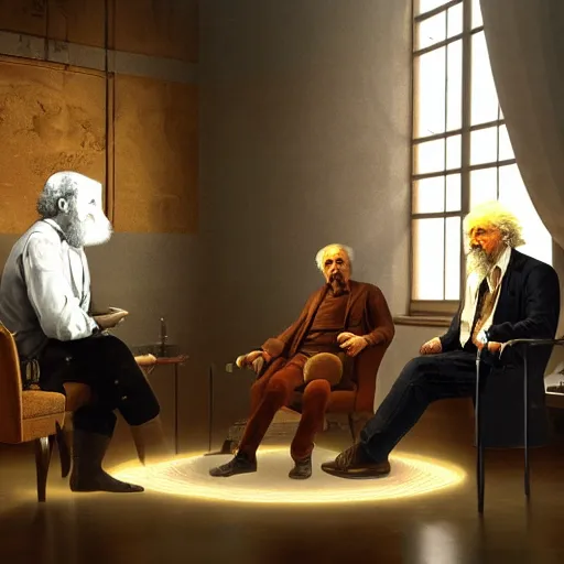 Image similar to Sokrates, Platon and Einstein discussing about general relativity, ultra high definition fantasy art, volumetric lighting