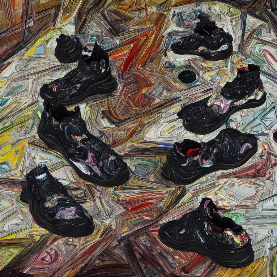 Image similar to futuristic balenciaga sneakers, nft art, highly detailed, hyper realistic, art by todd mcfarlane, by ( ( ( lucian freud ) ) ) and gregory crewdson and francis bacon