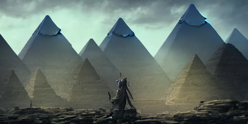 Image similar to Photorealistic epic intricate detailed dark wizard with arms outstretched, casting spells in front of an ominous Egyptian pyramid. a gentle rising mist, an epic rocky landscape. Art Nouveau, occult photorealism, UHD, amazing depth, glowing, golden ratio, 3D octane cycle unreal engine 5, volumetric lighting, cinematic lighting, cgstation artstation concept art