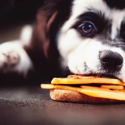 Prompt: macro image of a super cute dog puppy that is eating a cheeseburger