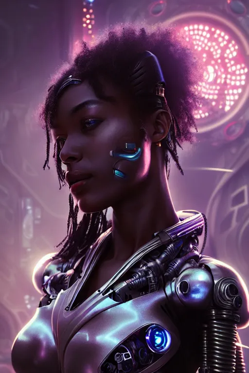 Image similar to ultra realistic, beautiful female african cyborg in a crowded smoky cyberpunk club in space megalopolis, sci - fi, intricate details, eerie, highly detailed, octane render, 8 k, art by artgerm and alphonse mucha and greg rutkowski