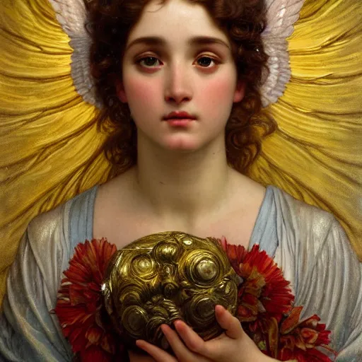 Image similar to highly detailed oil painting | very intricate | cinematic lighting | award - winning | the beautiful angel of jupiter wearing a flowing toga | by godward, by tom bagshaw, by j. c. leyendecker and klimt, beautiful cinematic light, american romanticism, by alphonse mucha, artstation, cgsociety, official art, octane