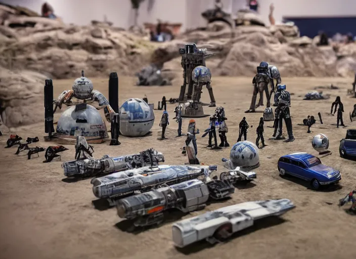 Image similar to a photo of a epic grand scale diorama of star wars figures and vehicles canon, macro photography, tilt - shift photography