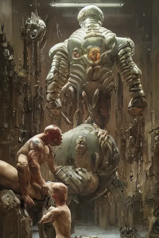 Image similar to scientists in a laboratory observe a martyn ford as a huge bipedal martian wearing armour, painted by ruan jia, raymond swanland, lawrence alma tadema, zdzislaw beksinski, norman rockwell, jack kirby, tom lovell, alex malveda, greg staples