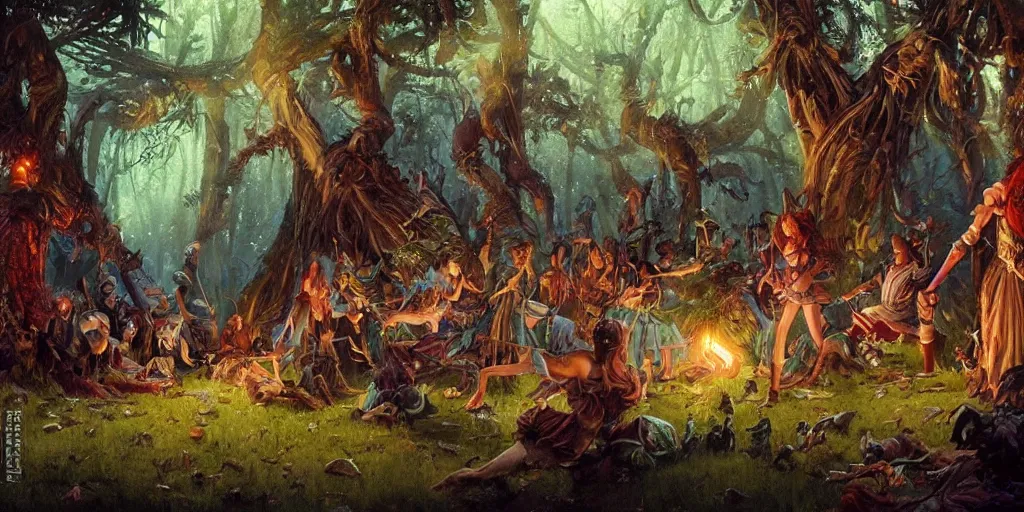 Image similar to fantasy painting with a forest party where witches and pirates are having lots of fun and rum, by Greg Rutkowski and Michael Whelan