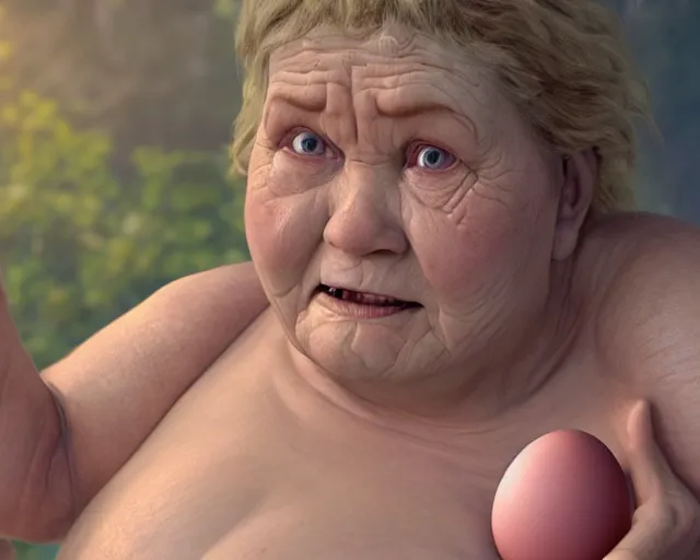 Prompt: of a very beautiful scene. ambient occlusion render. a sweet fat old woman is giving birth a beautiful colorful huge egg. hyper realistic. 4 k. wide angle. wild. symmetrical face, red mouth, blue eyes. deep focus, lovely scene. ambient occlusion render. concept art. unreal engine.