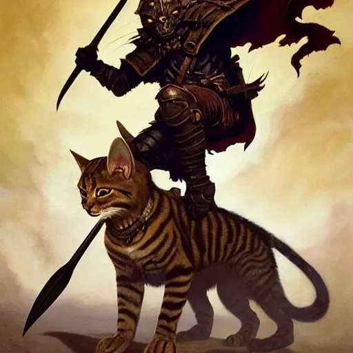 Image similar to ( ( ( full length portrait of a dark tabby tabaxi, halberd, breastplate ) ) ), d & d, tyler jacobson, greg rutkowski, frank frazetta, alexandre chaudret, boris vallejo, michael whelan, miro petrov, magali villeneuve, donato giancola