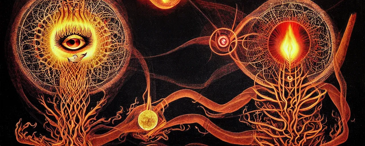 Image similar to a strange fire creature with endearing eyes radiates a unique canto'as above so below'while being ignited by the spirit of haeckel and robert fludd, breakthrough is iminent, glory be to the magic within, in honor of saturn, painted by ronny khalil