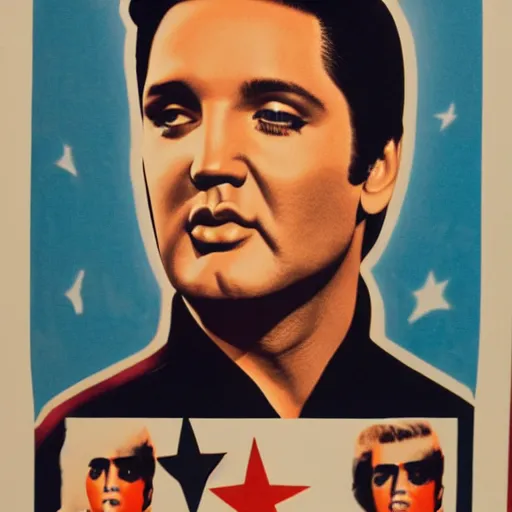 Prompt: campaign poster for elvis presley's presidential run, showing elvis in a suit standing in front of the american flag, detailed face