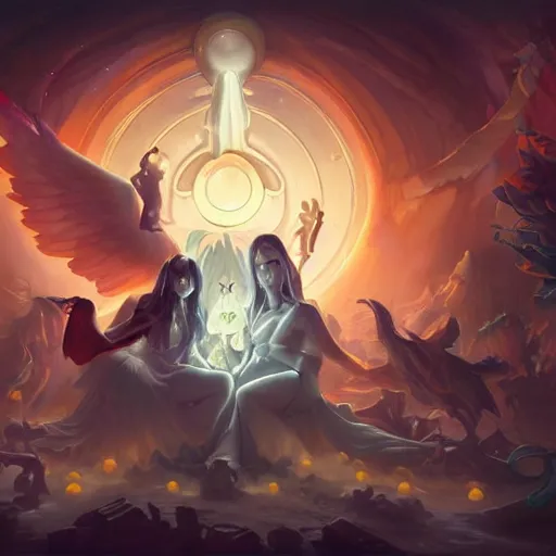 Image similar to angelical time keepers performing a ritual of planetary sacrifice, emotional, fantastic, stars, detailed, digital art, artstation by peter mohrbacher and artgerm, league of legends splash art