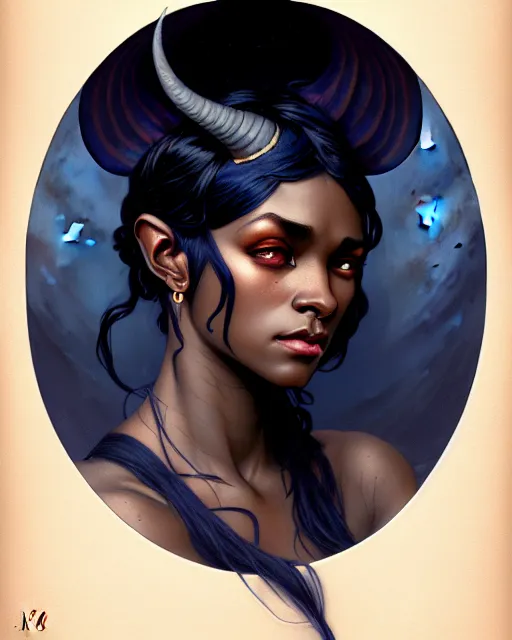 Prompt: tiefling portrait, darkblue skin, moon, ashes, fantasy, intricate, elegant, highly detailed, symmetrical face, digital painting, artstation, concept art, smooth, sharp focus, illustration, art by krenz cushart and artem demura and alphonse mucha