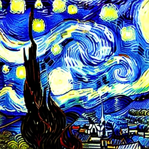 Image similar to the starry night where white is black and blue, very detailed, landscape-H 768