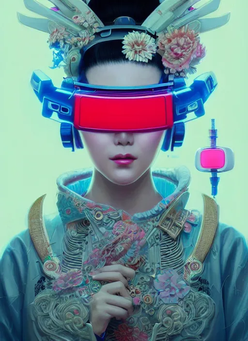 Prompt: wide angle portrait shot of female japanese android wearing a vr eyewear and a very detailed and intricate geisha kimono dress, intricate detail, cyber neon lighting, highly detailed, artstation, glamor pose, concept art, art by peter mohrbacher and boris vallejo and liam wong, pinterest, artstation, digital painting,