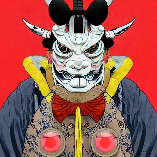 Image similar to a detailed portrait of a fashionable ancient japanese demon oni wearing a cyberpunk bosozoku outfit the style of william blake and norman rockwell, kubrick, muted color scheme, crisp, artstationhd