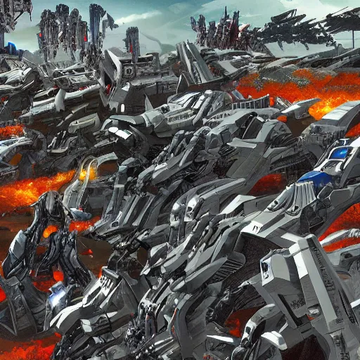 Image similar to sprawling view of an army of decepticons marching on cybertron, trending on artstation