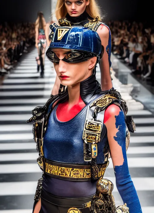 Image similar to hyperrealistic and heavy detailed versace runway show of judge dredd, leica sl 2 5 0 mm, vivid color, high quality, high textured, real life