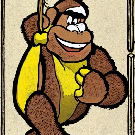 Image similar to Donkey Kong slips on a banana with a bunch on his arms, medieval text book art