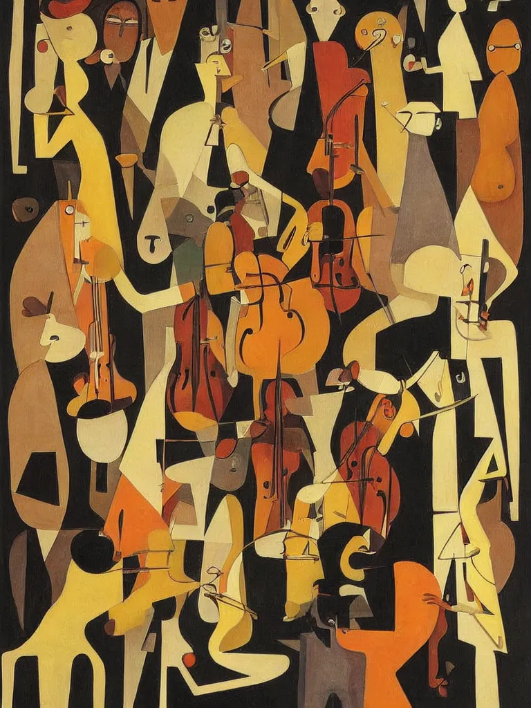 Prompt: a minmal surrealist painting of a symphony of musicians, art by victor brauner, aesthetically pleasing and harmonious natural colors, expressionism