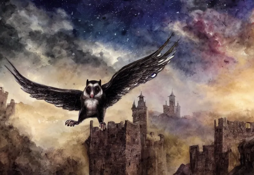 Image similar to epic winged possum flying over a medieval castle under a dark starred sky, dark fantasy, watercolor, dreaming illusion, highly detailed, 4k, trending on Artstation, award-winning