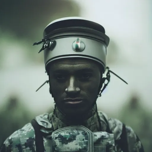 Prompt: close up kodak portra 4 0 0 photograph of a futuristic soldier after the battle standing in dark forestin crowd, flower crown, moody lighting, telephoto, 9 0 s vibe, blurry background, vaporwave colors, faded