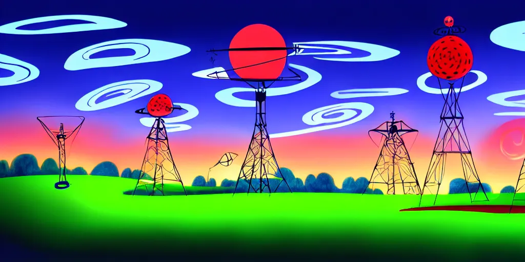 Image similar to night chubby cartoon concept art, red tv transmission antenna, from lorax movie, black blue green, spiral clouds, sam and max