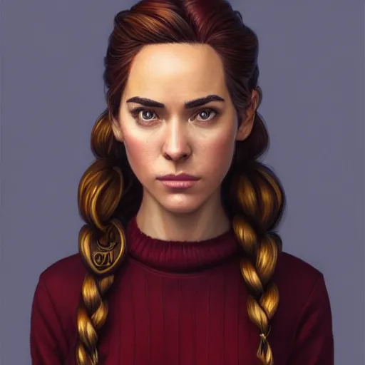 Prompt: an insanely detailed realistic depiction of beautiful jodi from stardew valley standing in the grocery store wearing burgundy sweater under blue denim jeans, auburn hair french braid, flawless makeup, pretty brown eyes, odette annable, in the style of peter mohrbacher, artgerm, dramatic lighting and composition, octane render, trending on artstation, concept art 8 k