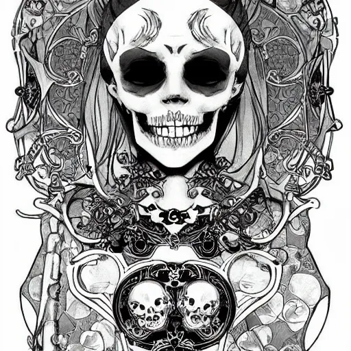 Prompt: anime manga skull portrait marvel young woman hood fairytale comic skeleton illustration style by Alphonse Mucha pop art nouveau