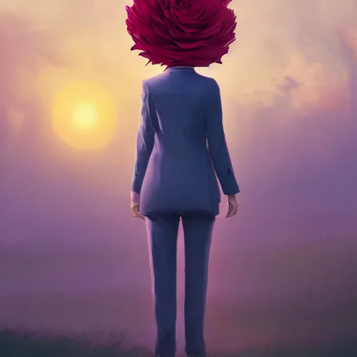 Image similar to giant rose flower head, frontal, girl in a suit, surreal photography, sunrise, dramatic light, impressionist painting, digital painting, artstation, simon stalenhag