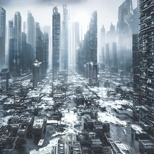 Image similar to apocalyptic city, buildings covered in shiny white liquid