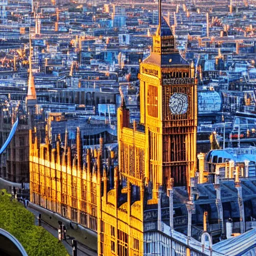 Image similar to london city, landscape, cityscape, high art, detailed, artstation award, intricate detail, panoramic, wide angle, sunset, color palette, big ben clock tower, british parliament building, from above