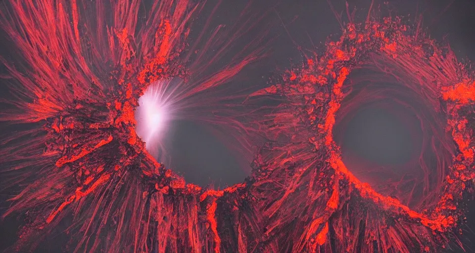 Image similar to a volcano made of ivory vines and crimson rocks enters in eruption, it spits a smoke in the shape of demonic eye, by Jason De Graaf