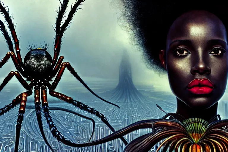 Prompt: realistic detailed closeup portrait movie shot of a beautiful black woman with a giant spider, dystopian city landscape background by denis villeneuve, amano, yves tanguy, alphonse mucha, max ernst, ernst haeckel, kehinde wiley, caravaggio, roger dean, cyber necklace, rich moody colours, sci fi patterns, wide angle