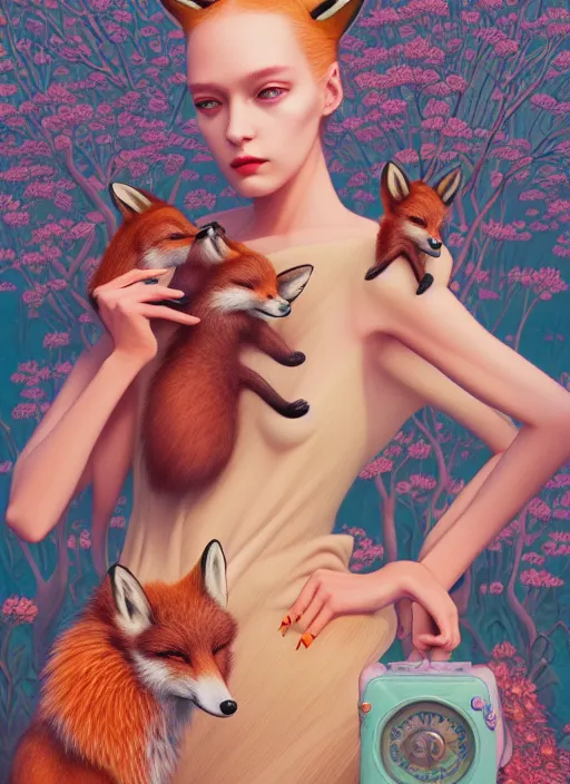 Image similar to pretty model with foxes : : by martine johanna and simon stalenhag and chie yoshii and casey weldon and wlop : : ornate, dynamic, particulate, rich colors, intricate, elegant, highly detailed, vogue, harper's bazaar art, fashion magazine, smooth, sharp focus, 8 k, octane render,