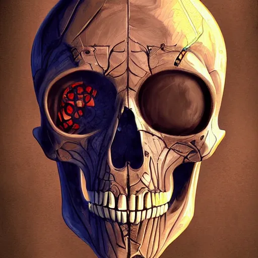 Image similar to cyborg skull crushed on table, digital painting , realistic illustration