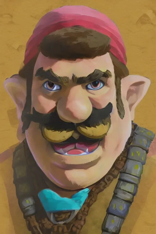 Prompt: a portrait of wario from the legend of zelda breath of the wild, breath of the wild art style.