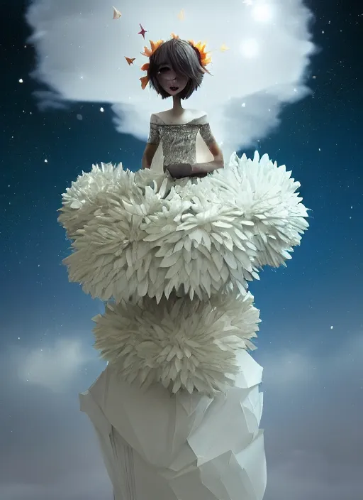 Image similar to background edge of space with puffy clouds are dusk, anthropomorphic paper woman wrapped in a flowing couture tissue paper, paper chrysanthemums, many origami stars, eery light, 3 d, very detailed, octane render, trending artstation, artgem