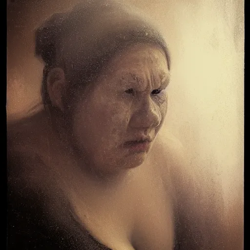 Image similar to portrait of the face of big old sumoringer as despair from sandman, venus of willendorf, by jeremy mann, by gregory crewdson, by bastien lecouffe deharme, sad face, topknot, black hair, mourning, white room, soft lightning, high detailed, 8 k